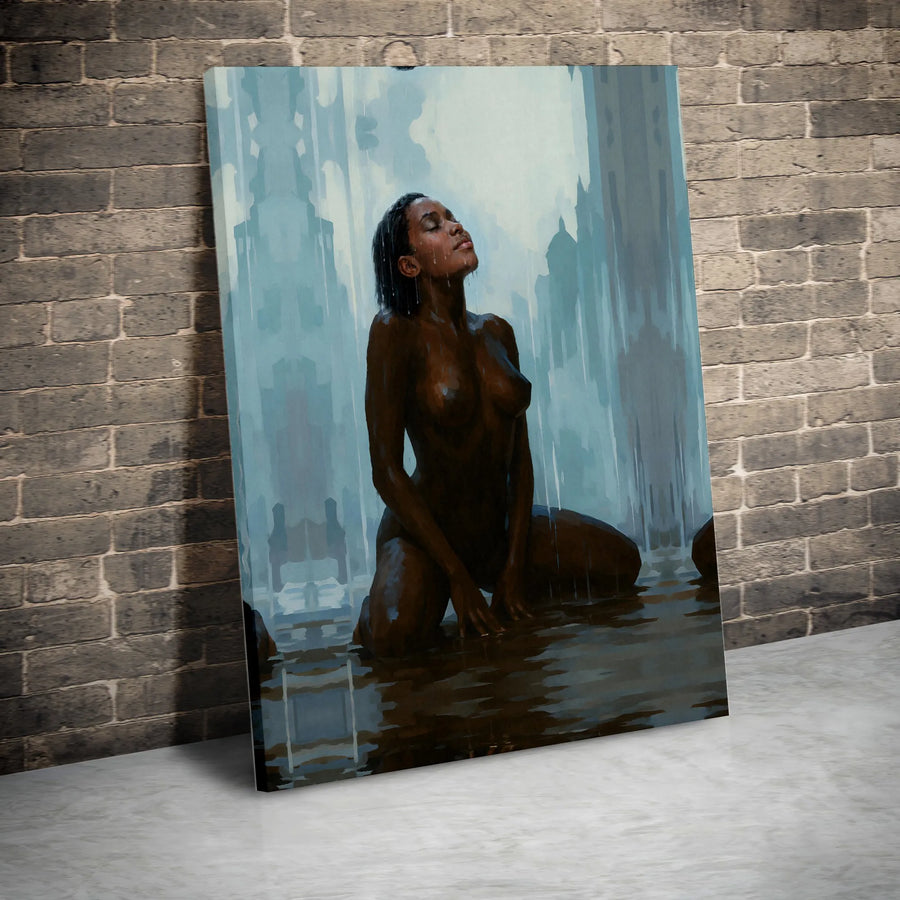 Black Woman Art Canvas Print | Expressive Figurative Painting in Rain | Premium Gallery Wrapped Canvas | Modern Home Decor Gift for Art Collector