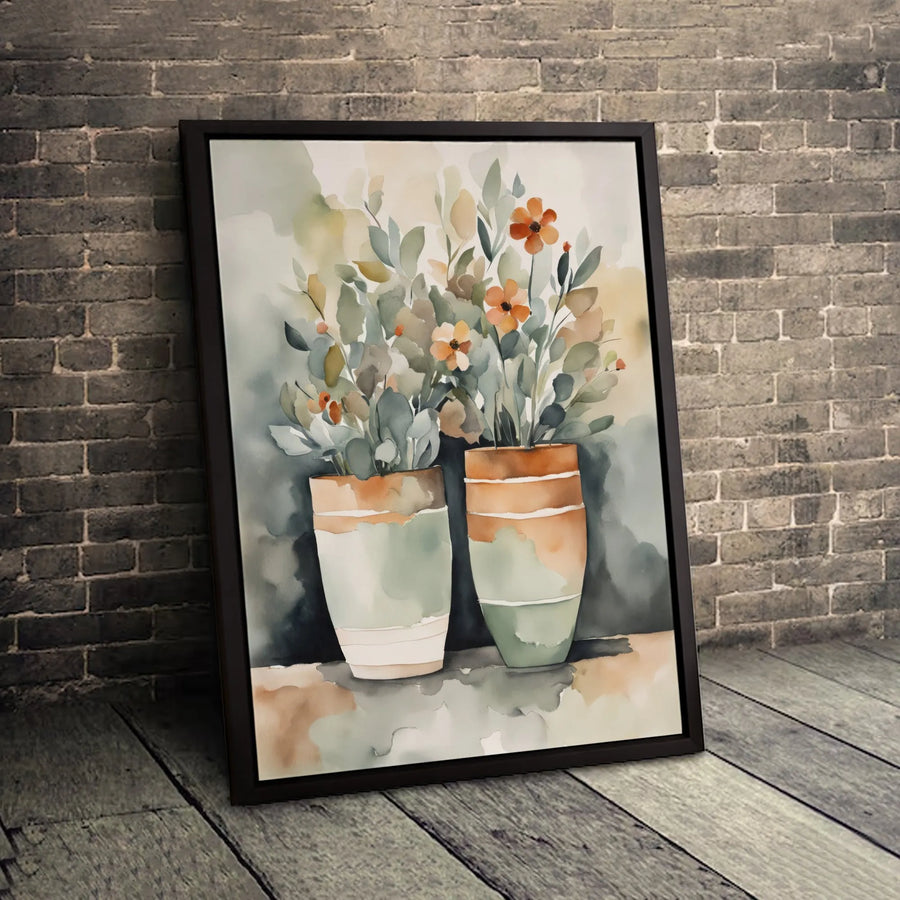 Watercolor Flower Pots Canvas Wall Art | Botanical Orange Floral Print | Premium Gallery Wrapped Decor | Modern Minimalist Living Room Gift