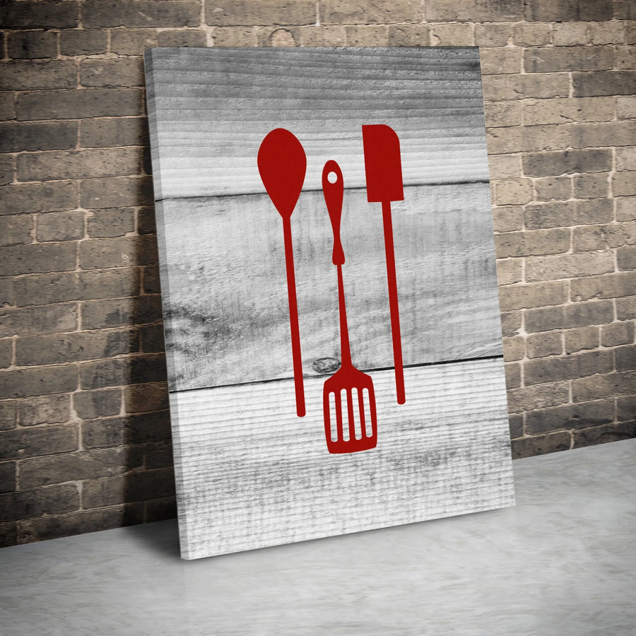 Rustic Kitchen Utensil Canvas Wall Art | Minimalist Red Silhouette Print | Premium 1.25" Thick Gallery Wrapped Canvas | Modern Farmhouse Decor Gift