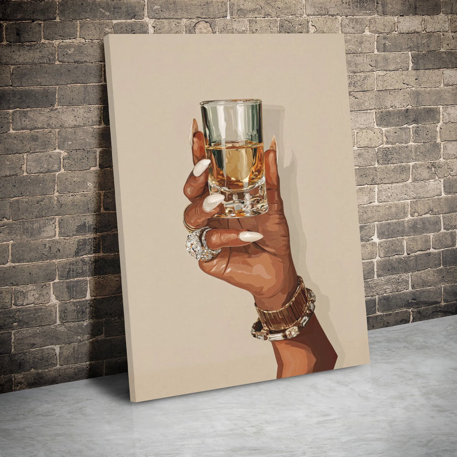 Black Woman Art Canvas | Elegant Hand With Jewelry Holding Shot Glass | Premium Gallery Wrap Decor | Chic Bar Cart Home Wall Art