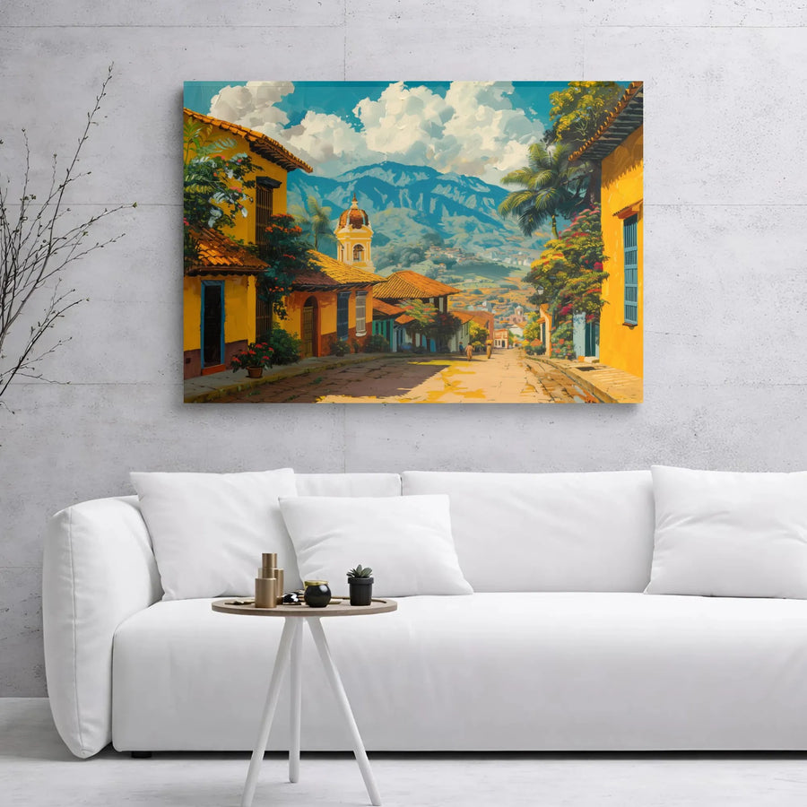 Colonial Town Street Canvas Print | Vibrant Latin American Village Landscape | Premium Gallery Wrap | Home Office Wall Decor Art