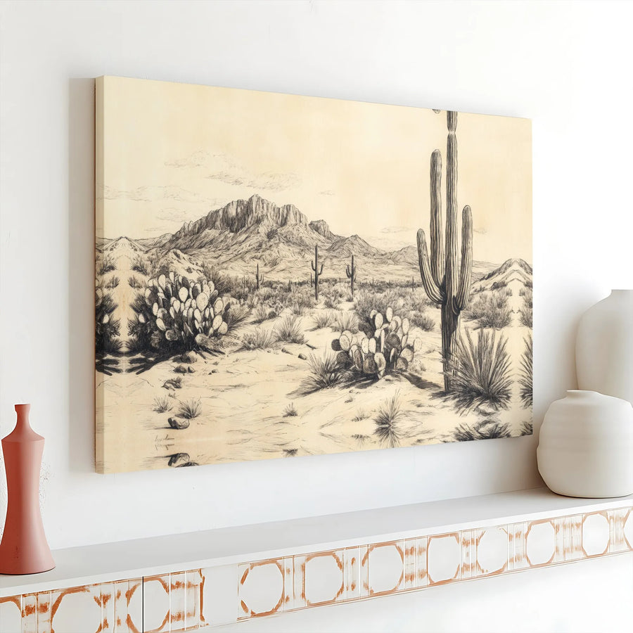 Desert Landscape Canvas Print | Vintage Saguaro Cactus Sketch | Premium Gallery Wrap Wall Art | Southwestern Home Office Decor Gift