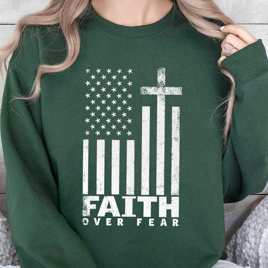 Faith Over Fear Sweatshirt | American Flag Christian Cross Graphic | Premium Cotton Blend | Patriotic Gift for Men and Women