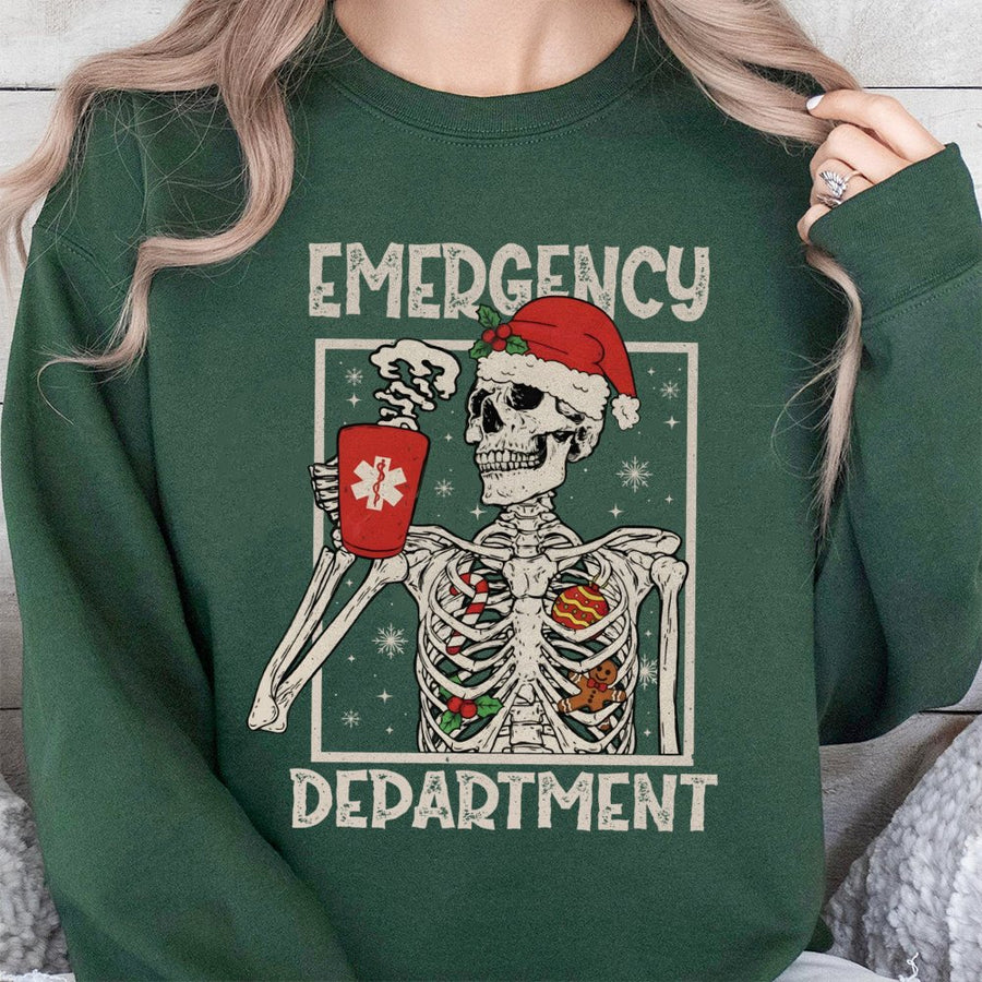 Emergency Department Christmas Sweatshirt | Skeleton Nurse Festive Graphic | Soft Cotton Blend | ER Nurse Gift for Holiday Shift