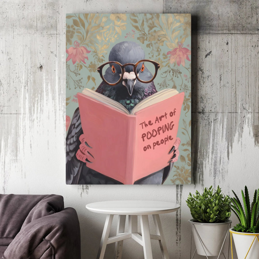 Funny Pigeon Wall Art | Reading Bird With Glasses Print | Premium Gallery Wrapped Canvas | Quirky Home Office Decor Gift