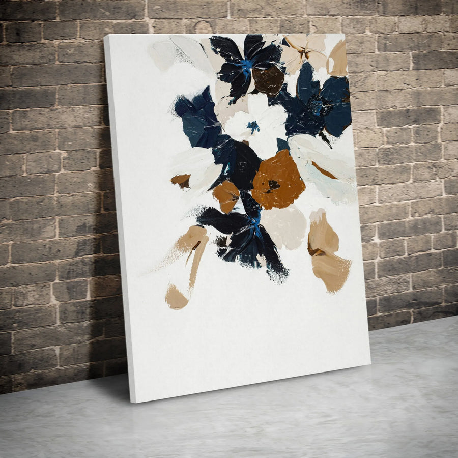 Abstract Floral Canvas Wall Art | Navy and Beige Textured Botanical Print | Premium Thick Gallery Wrap | Modern Living Room Decor Gift
