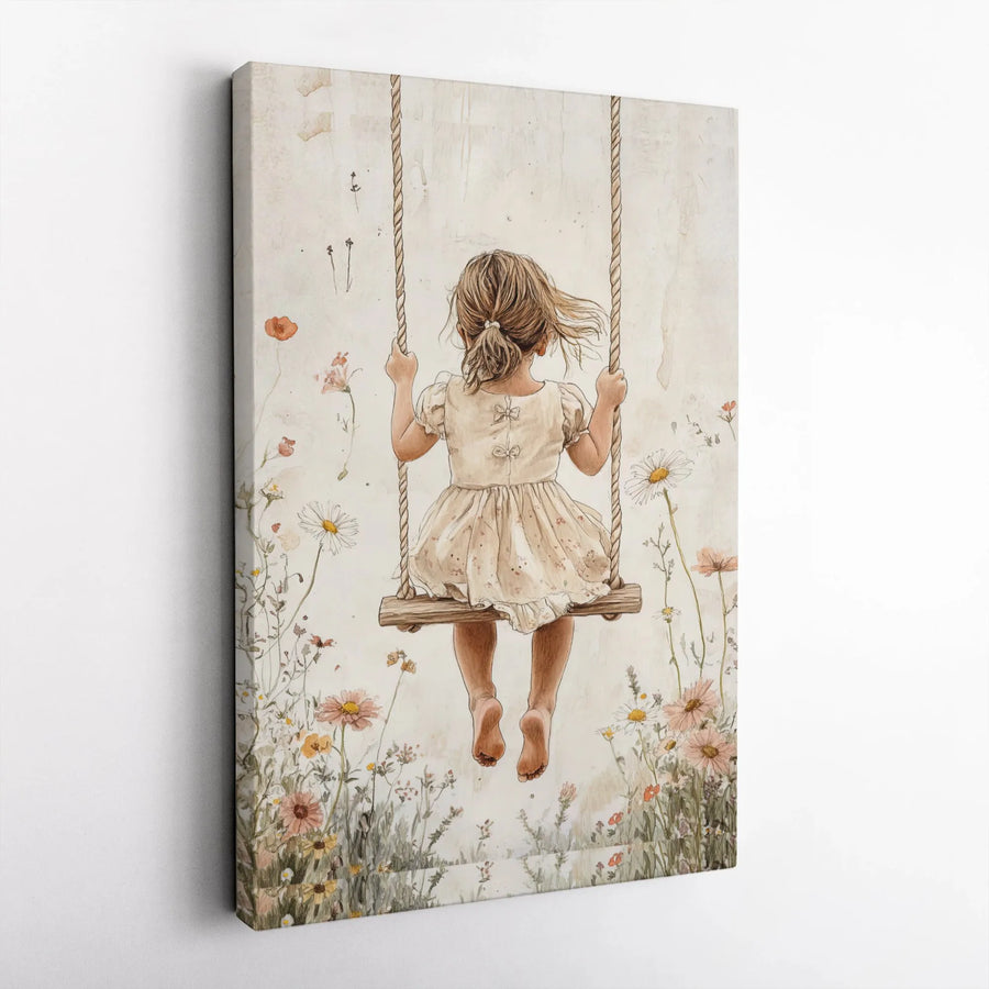 Little Girl On Swing Canvas Art | Watercolor Wildflower Meadow Print | 1.25-Inch Gallery Wrap | Whimsical Nursery & Home Decor Gift