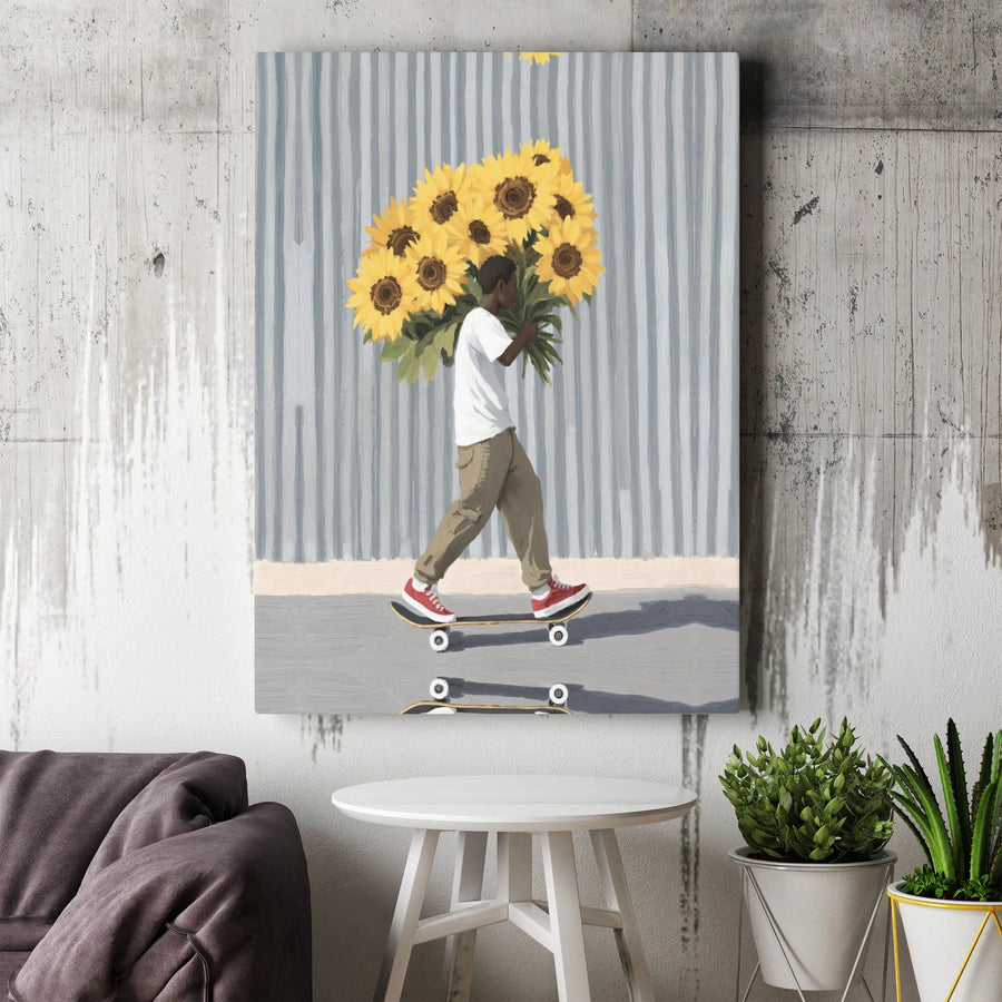 Black Art Sunflower Canvas Wall Art | Skateboarder with Flowers Print | Premium Gallery Wrapped Canvas | Modern Urban Home Decor Gift