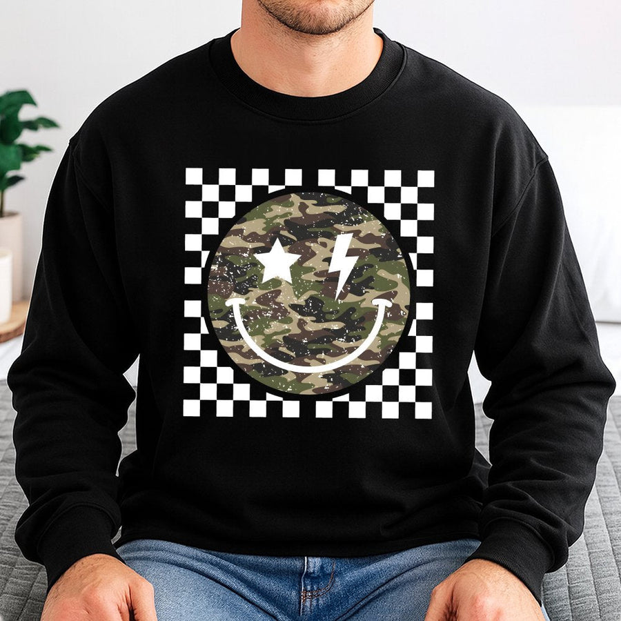 Camo Smiley Face Sweatshirt | Checkered Star Lightning Bolt Print | Premium Cotton Blend | Trendy Unisex Graphic Gift for Her