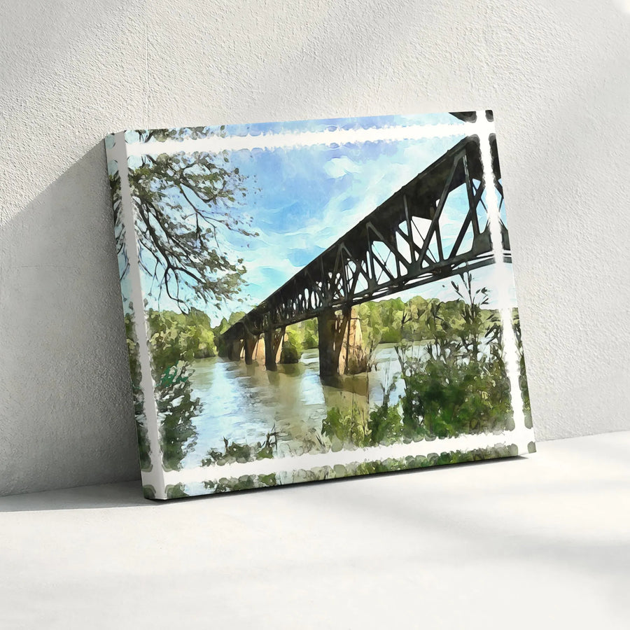 Truss Railroad Bridge Canvas Print | Watercolor River Landscape Wall Art | Gallery Quality 1.25" Frame | Rustic Home Decor Gift
