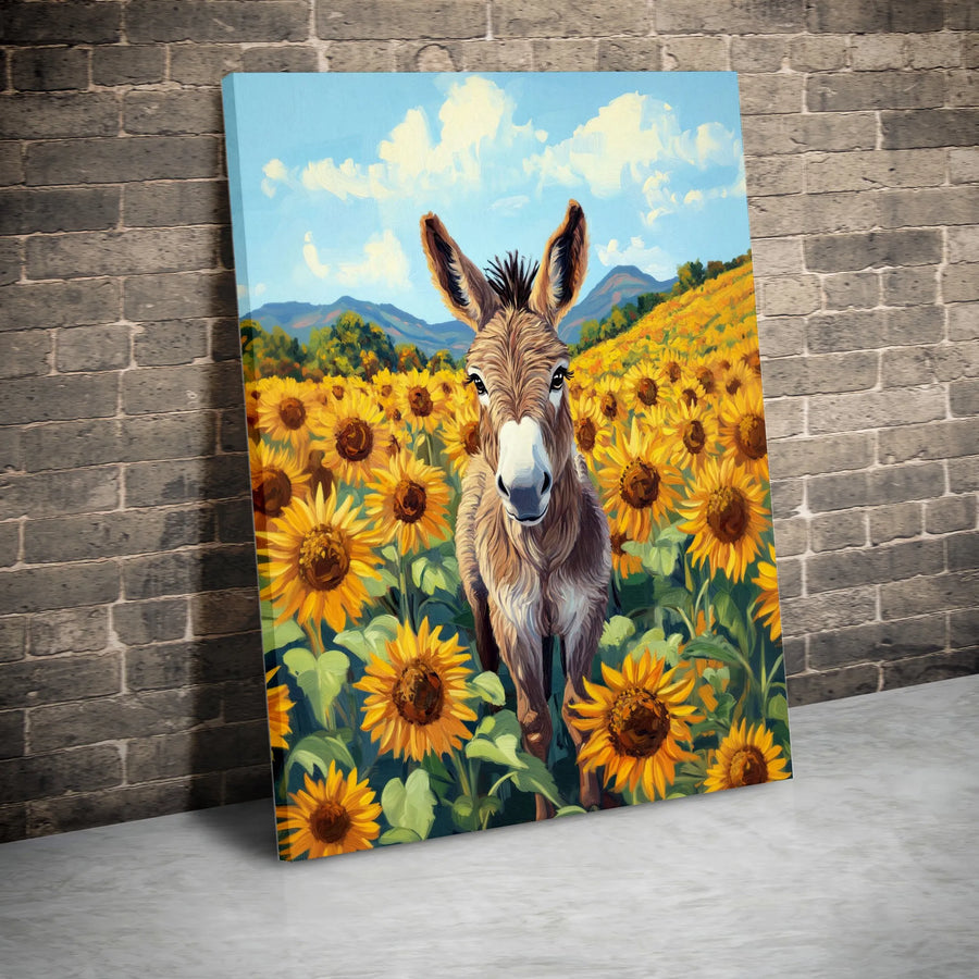 Donkey In Sunflower Field Wall Art | Rustic Farmhouse Animal Print | Premium 1.25 inch Gallery Wrapped Canvas | Country Home Decor Gift
