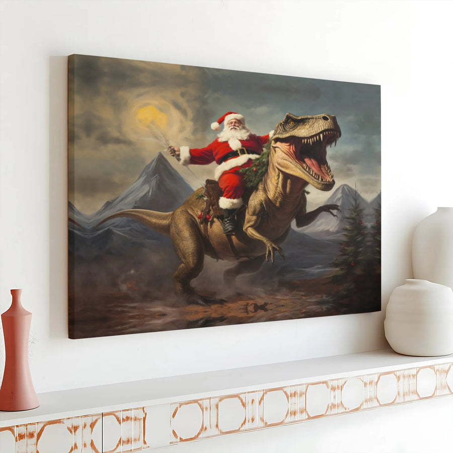 Santa Riding T-Rex Canvas Print | Funny Dinosaur Christmas Wall Art | Gallery Wrapped Premium Decor | Unique Holiday Gift for Dino Lovers