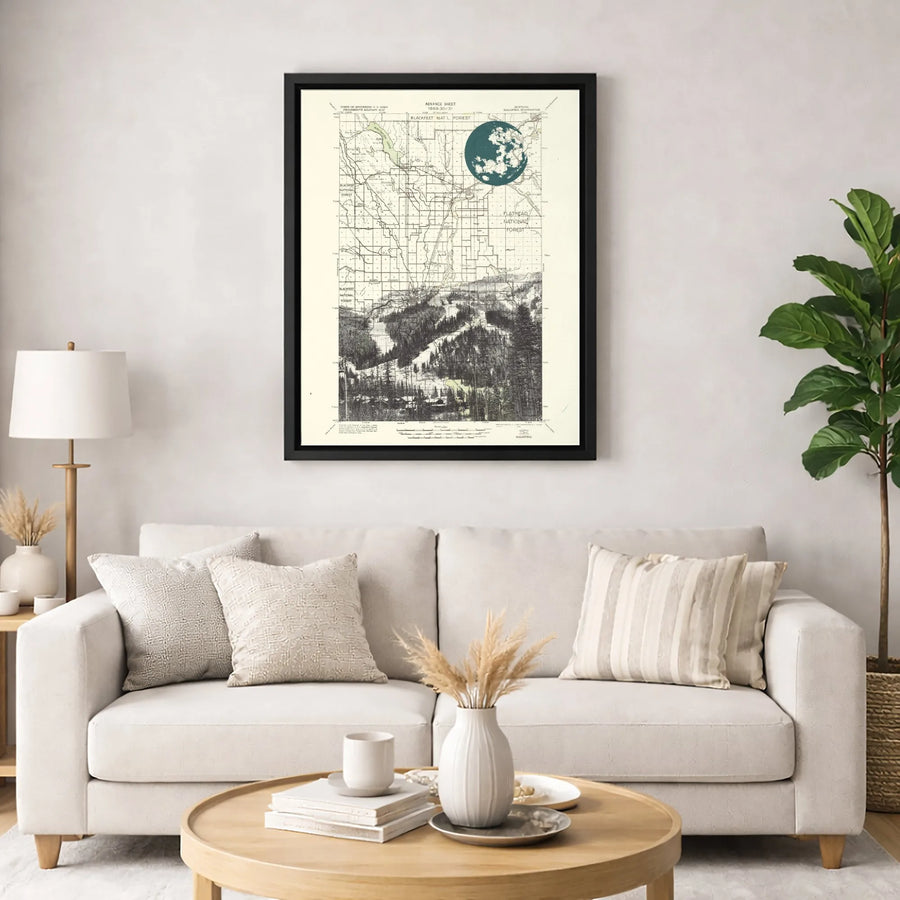 Montana Map Wall Art | Blackfeet & Flathead National Forest With Full Moon | Premium Gallery Wrapped Canvas | Vintage Topographic Gift For Hikers