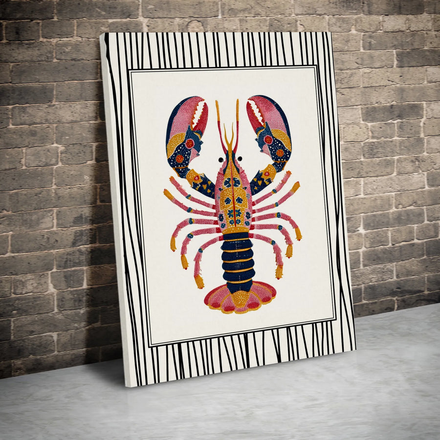 Folk Art Lobster Canvas Wall Art | Colorful Coastal Decor | Premium 1.25-Inch Gallery Wrap | Coastal Beach House Home Decor Gift