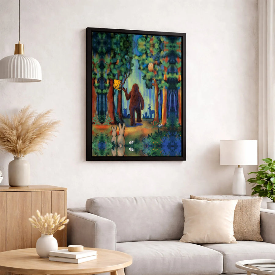 Bigfoot Reading Book Forest Art | Whimsical Sasquatch Woodland Decor | Premium Gallery Wrap Canvas | Unique Gift For Nature Lovers