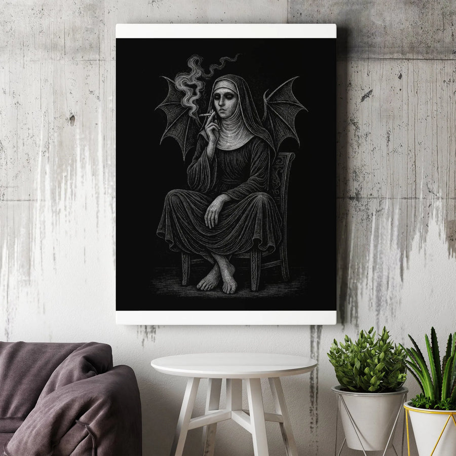 Smoking Nun Canvas Art | Dark Gothic Demon Wings Wall Decor | 1.25-Inch Premium Gallery Wrap | Edgy Home & Office Wall Art Gift