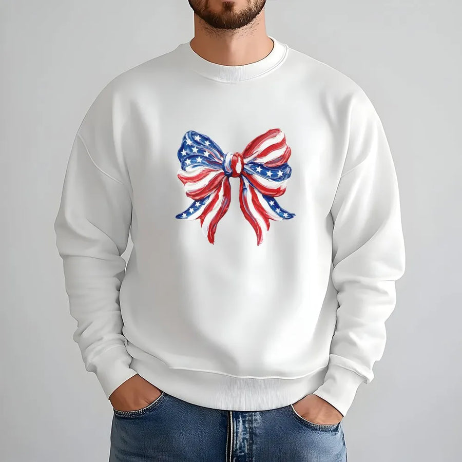 American Flag Bow Sweatshirt | Coquette Patriotic Graphic Pullover | Soft Unisex Crewneck | 4th of July Independence Day Gift for Her