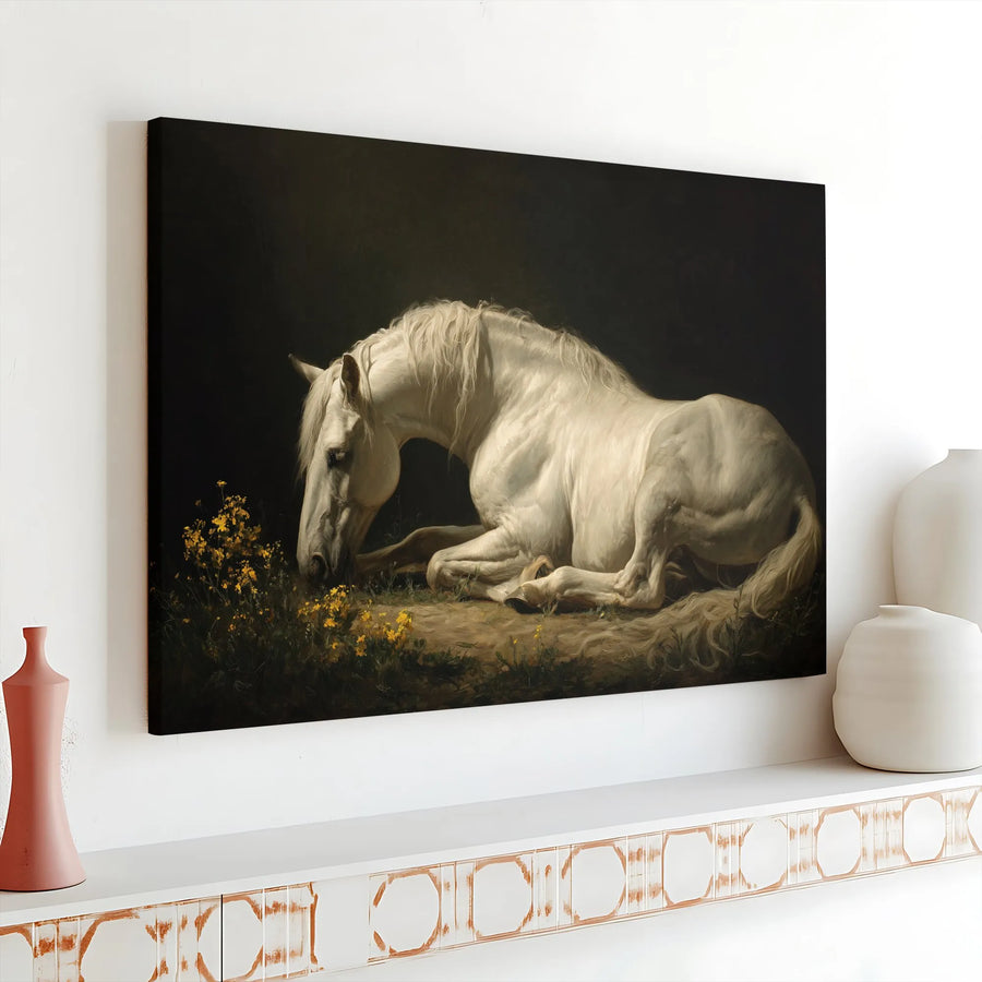 White Horse Canvas Wall Art | Vintage Oil Painting Style Print | Premium Gallery Wrapped Canvas | Collector's Equestrian Home Decor Gift
