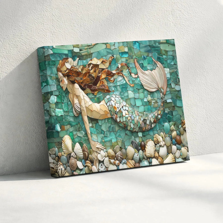 Mermaid Mosaic Wall Art | Coastal Sea Glass and Shell Design | Premium Gallery-Wrapped Canvas | Beach House Decor Gift for Her