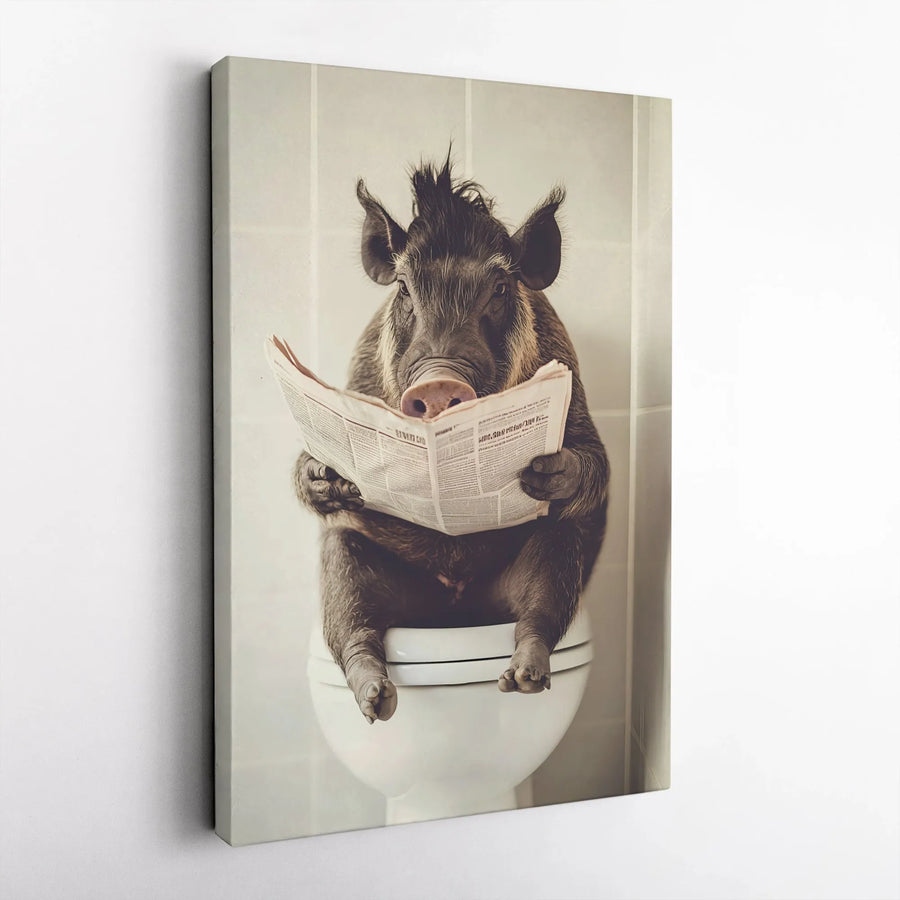 Funny Boar Reading Newspaper On Toilet Canvas | Whimsical Bathroom Wall Art | Premium Gallery Wrapped Print | Unique Home Decor Gift Idea