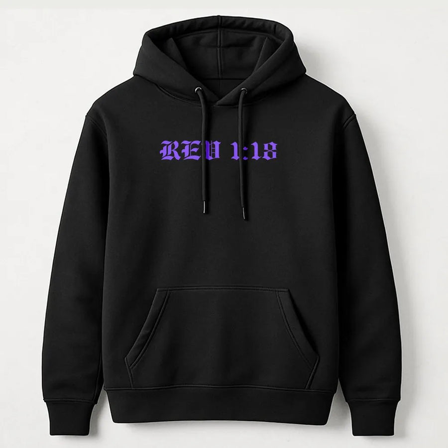 Rev 1:18 Scripture Hoodie | Gothic Font Christian Apparel | Premium Cotton Blend Pullover | Meaningful Faith Gift for Men and Women