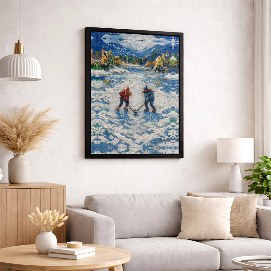 Ice Hockey Pond Canvas Print | Winter Sports Oil Painting Style | Gallery Wrapped 1.25" Profile | Christmas Gift for Hockey Fan