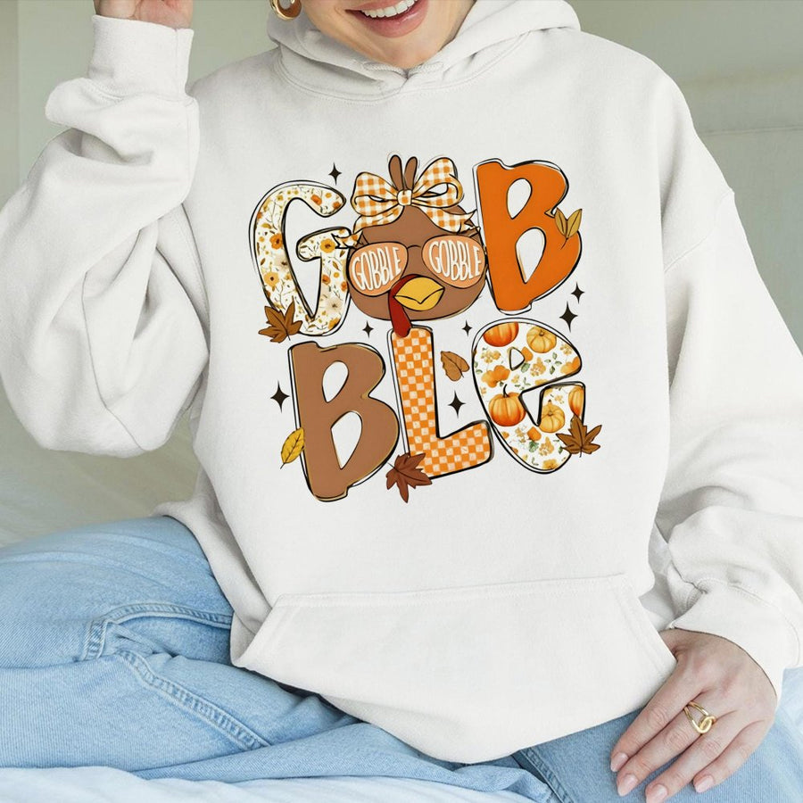 Gobble Turkey Hoodie | Cute Fall Thanksgiving Graphic Design | Soft Cotton Blend | Festive Unisex Gift for Women and Men