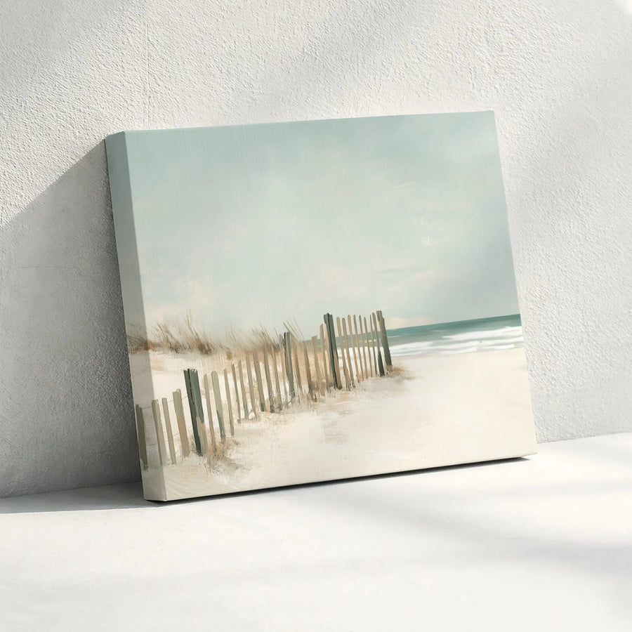 Serene Beach Canvas Wall Art | Coastal Dune Fence Painting Print | Premium Gallery Wrapped Canvas | Modern Nautical Home Decor