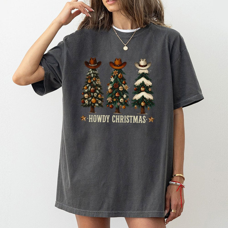 Howdy Christmas T-Shirt | Cowboy Hat Tree Graphic | 100% Soft Cotton Tee | Country Western Holiday Gift For Men And Women