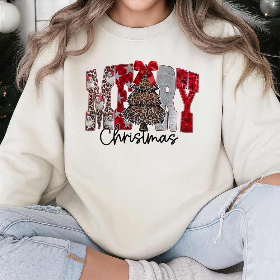 Merry Christmas Sweatshirt | Leopard Print Tree Graphic | Premium Cotton Blend Crewneck | Festive Holiday Gift for Her