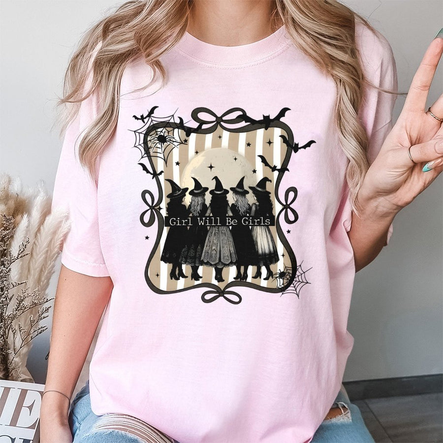 Witch Squad Halloween T-Shirt | Girls Will Be Girls Spooky Graphic Tee | 100% Cotton Premium Gift | Casual Autumn Witchy Outfit For Women