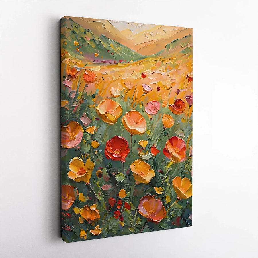 Impasto Poppy Field Canvas Print | Abstract Floral Landscape Art | Premium Textured Wall Decor | Modern Gallery Wrapped Painting for Living Room