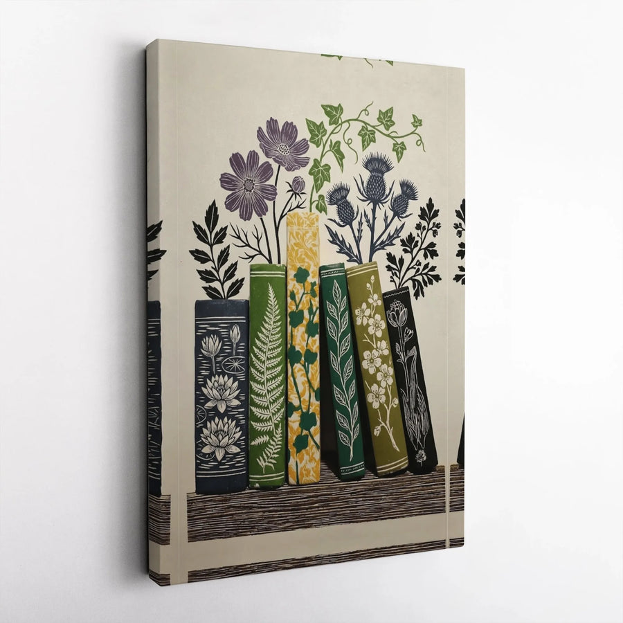 Botanical Bookshelf Canvas Art | Vintage Floral Book Spines Print | Premium Gallery-Wrapped Canvas | Wall Decor Gift for Readers