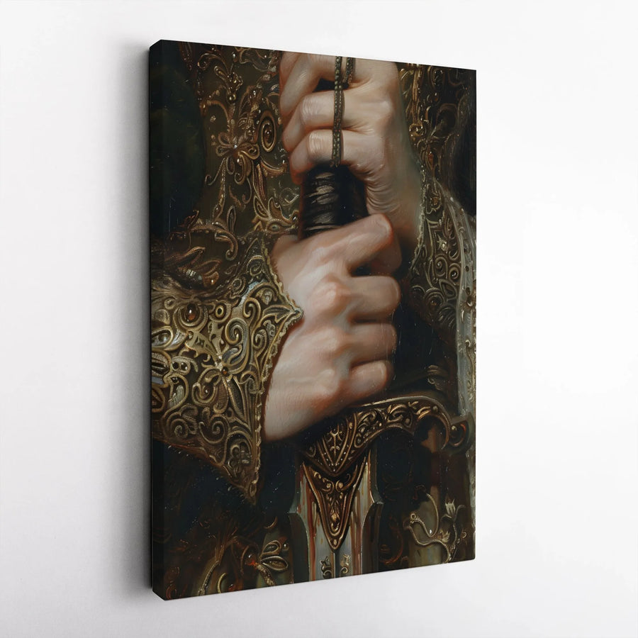 Knight Sword Wall Art | Ornate Golden Armor Illustration | Premium Gallery Wrapped Canvas | Medieval Fantasy Home Decor Gift