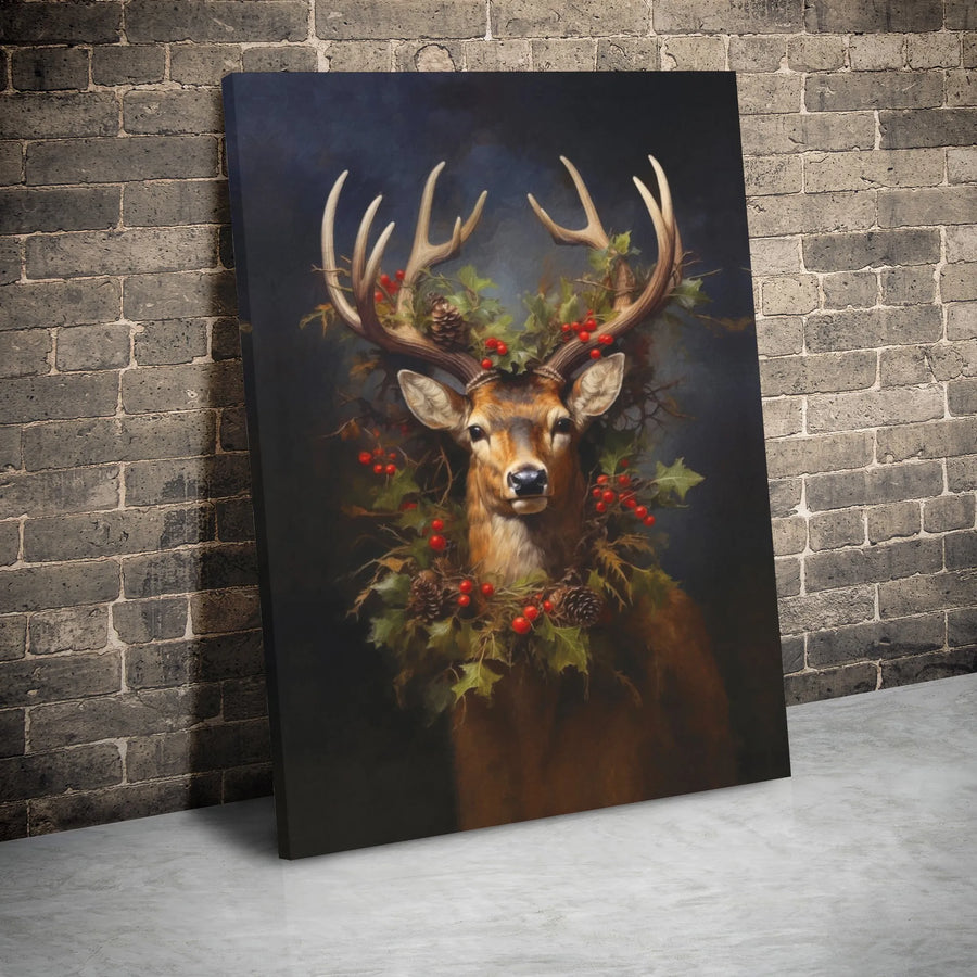 Christmas Stag Canvas Wall Art | Festive Deer with Holly Wreath | Premium 1.25 Inch Gallery Wrap | Rustic Holiday Decor for Living Room