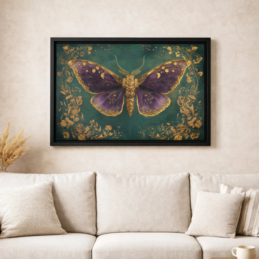 Celestial Lunar Moth Wall Art | Gold Filigree Botanical Print | Premium Gallery Wrapped Canvas | Moody Dark Academia Home Decor