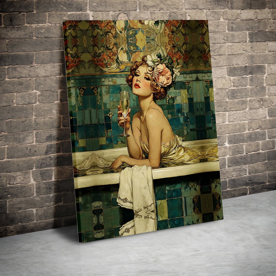 Art Nouveau Woman Bathtub Canvas Print | Elegant Champagne Lady Wall Art | Premium Gallery-Wrapped Decor | Sophisticated Home Office Aesthetic Gift