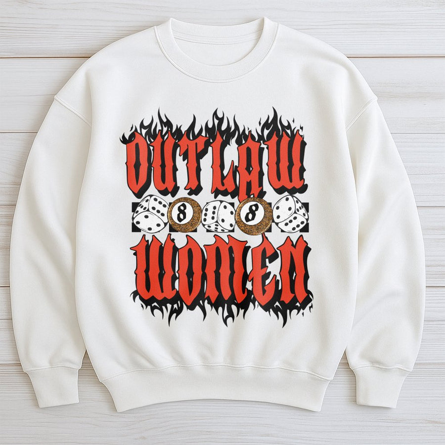 Outlaw Women Sweatshirt | Western Dice and Flame Graphic | Premium Cotton Blend | Cowgirl Aesthetic Western Gift for Women