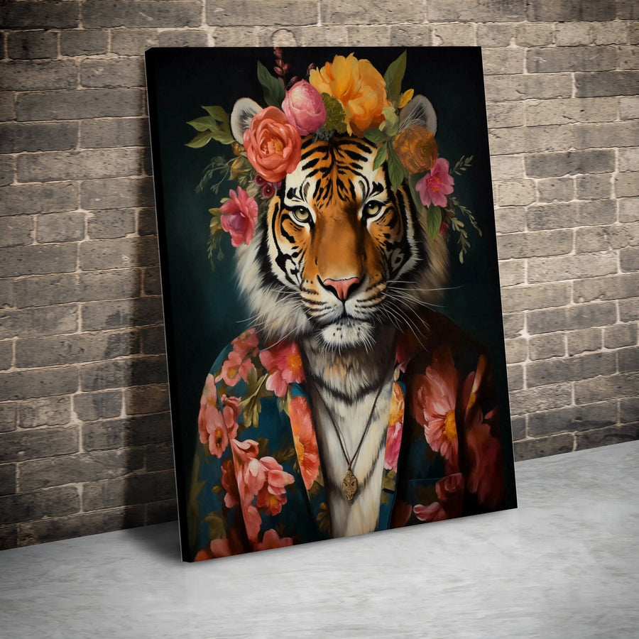 Tiger Floral Portrait Wall Art | Whimsical Animal in Flower Crown | Premium 1.25" Gallery Canvas | Unique Home & Office Decor Gift