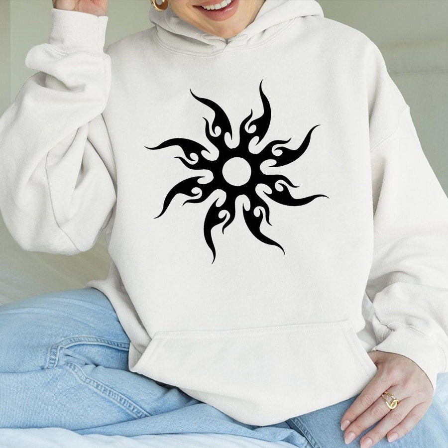Tribal Sun Hoodie | Y2K Aesthetic Flame Design | Premium Cotton Blend | Unisex Streetwear Gift for Gamer Adults