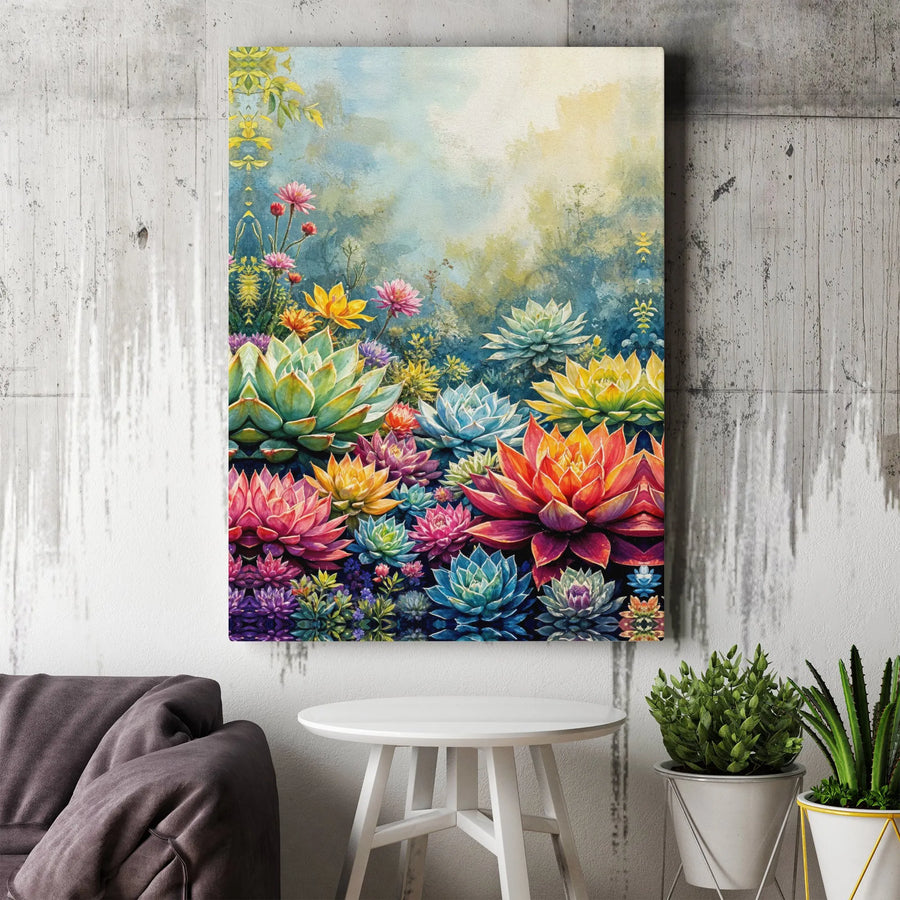 Vibrant Succulent Garden Canvas Print | Watercolor Botanical Art | Premium Gallery Wrapped Canvas | Modern Botanical Home Decor Gift