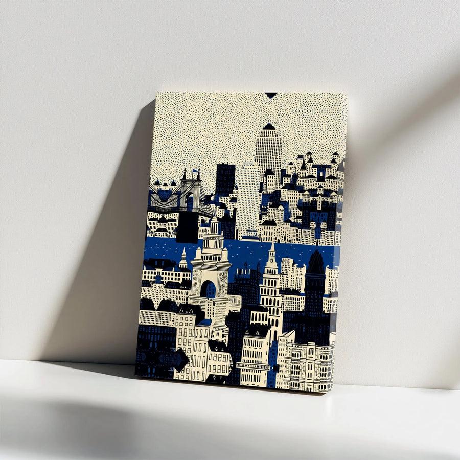 Retro City Skyline Vertical Canvas | Navy Blue & Cream Illustrated Stipple Cityscape Art | Premium 1.25" Gallery Wrap Wall Art | Modern Home & Office Decor Gift