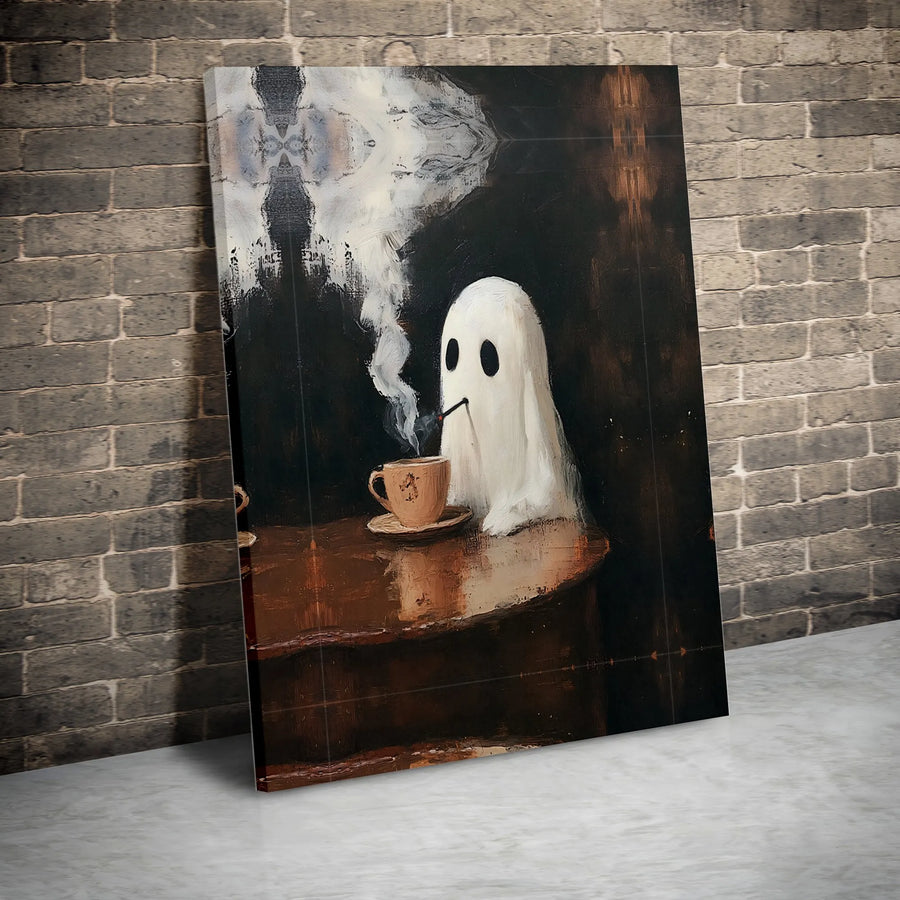 Ghost With Coffee Canvas Print | Whimsical Smoking Ghost Oil Painting Style | 1.25 Inch Gallery Wrap | Spooky Aesthetic Home Decor Wall Art
