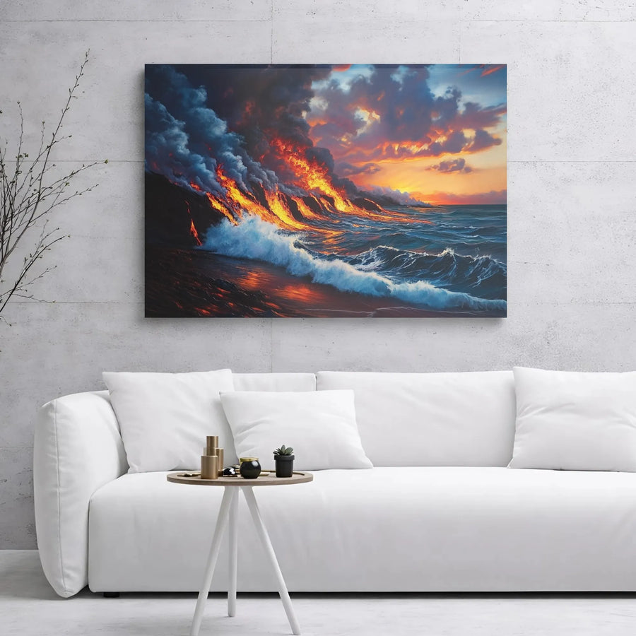 Volcano Ocean Canvas Wall Art | Fiery Lava Flow Sunset Landscape | 1.25" Gallery Wrap Premium Print | Dramatic Nature Decor for Home or Office