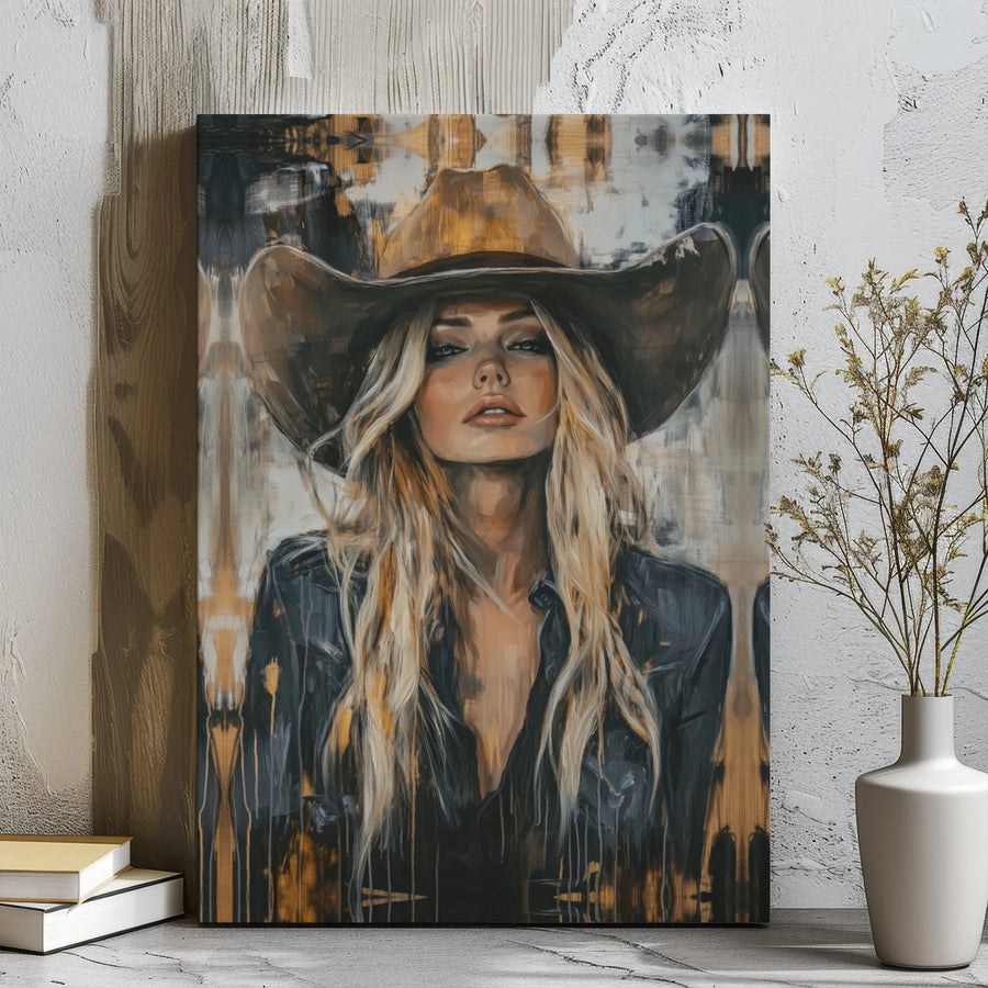 Western Cowgirl Canvas Wall Art | Abstract Blonde Woman Portrait | Premium Gallery Wrapped Print | Modern Farmhouse Home Decor Gift