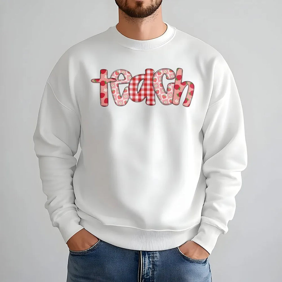 Teacher Sweatshirt | Strawberry and Gingham 'Teach' Graphic | Cozy Cotton Blend | Back to School Gift for Her