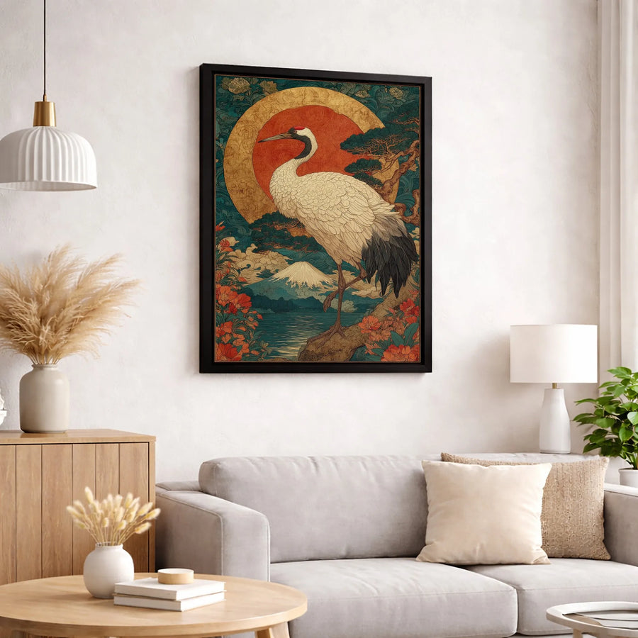 Japanese Red Crowned Crane Canvas Wall Art | Mount Fuji Sun Landscape Print | Premium Gallery-Wrapped Decor | Elegant Zen Home Office Gift