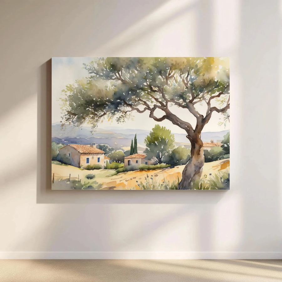 Tuscan Landscape Canvas Print | Watercolor Olive Tree Painting | Premium Gallery Wrapped Wall Art | Farmhouse Living Room Decor