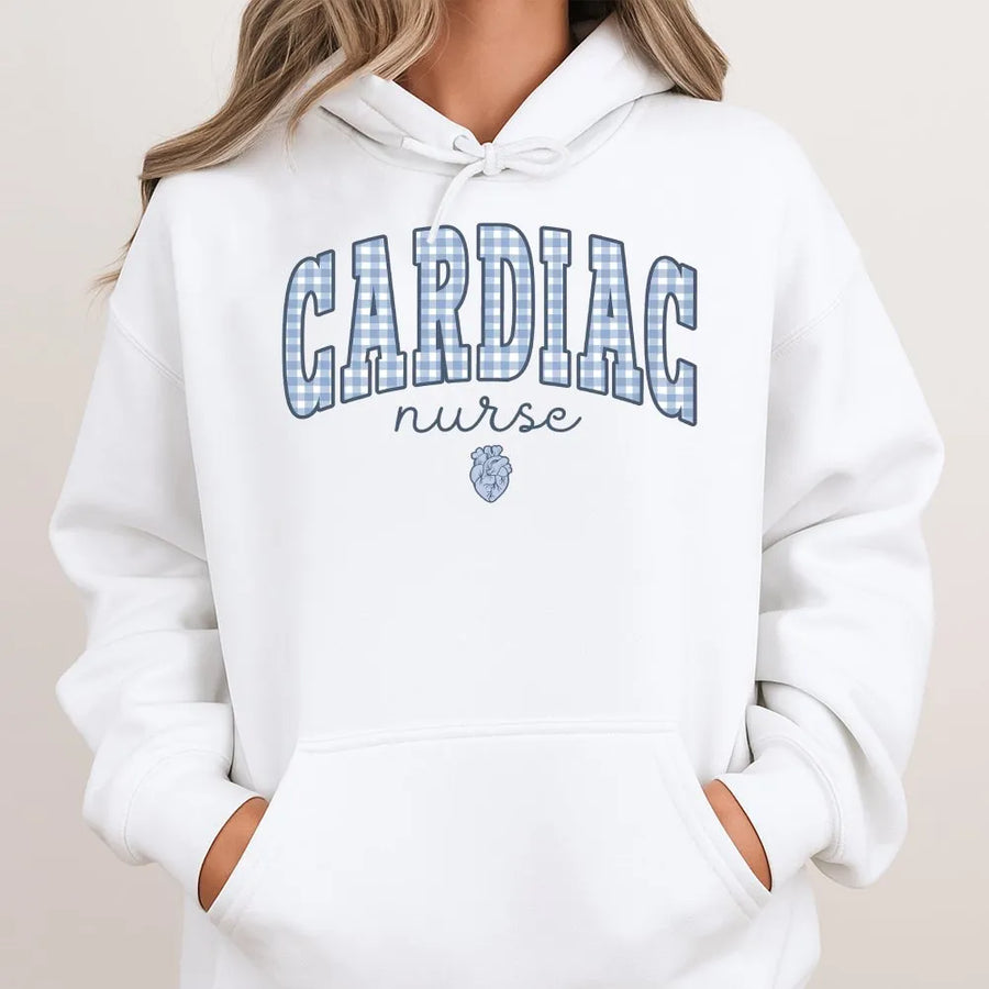 Cardiac Nurse Hoodie | Gingham Varsity Lettering Crewneck | Soft Cotton Blend | CVICU Nursing Student Gift
