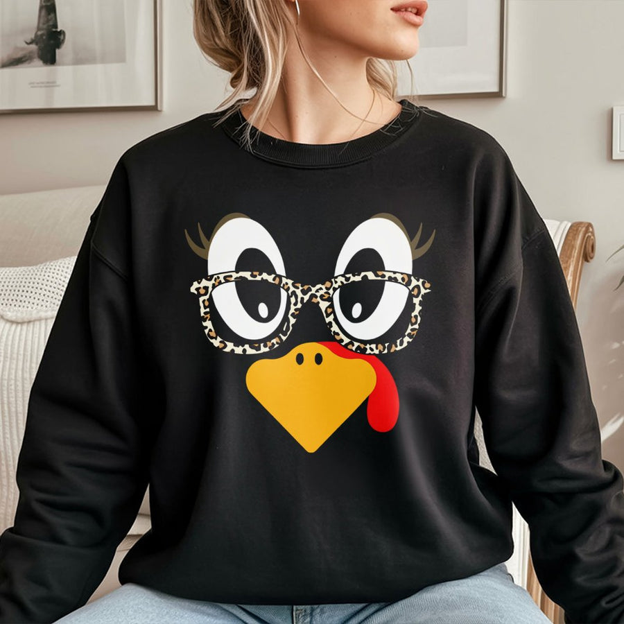 Turkey Face Thanksgiving Sweatshirt | Leopard Print Glasses Graphic | Soft Cotton Blend Crewneck | Cute Fall Gift for Women and Families